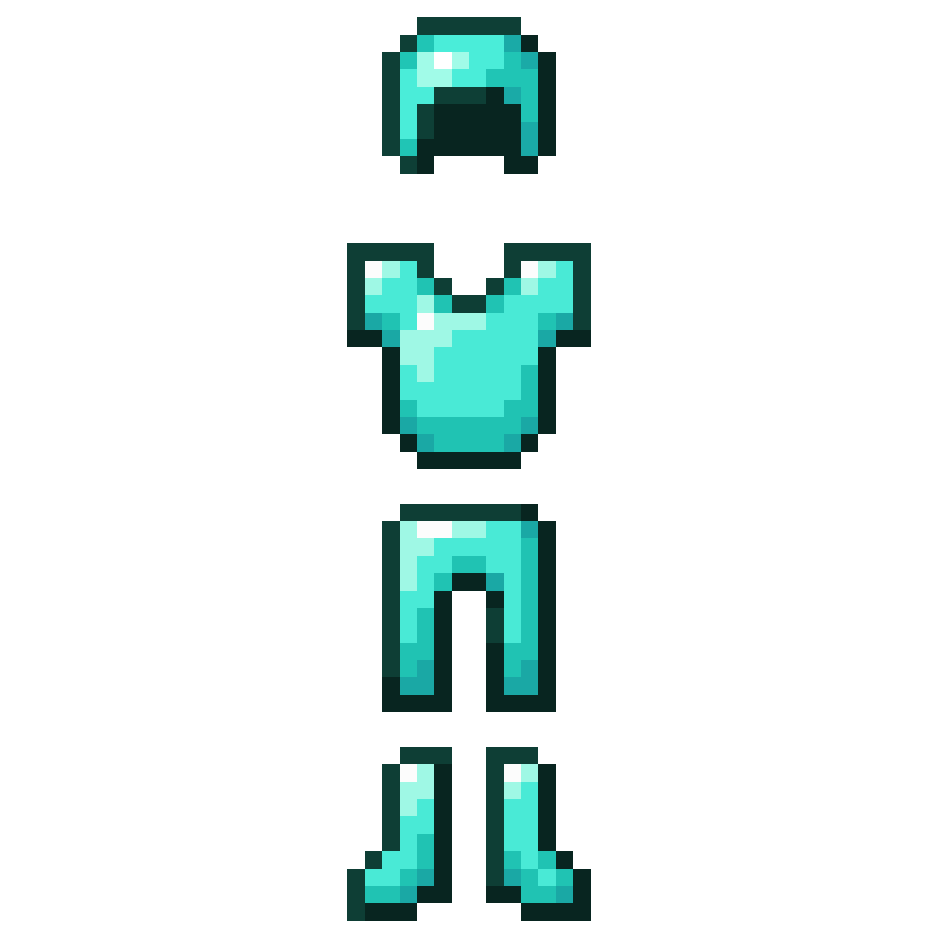 a set of minecraft diamond armor sprites (helmet, chestplate, leggings and boots)